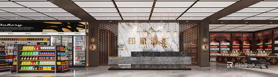 Contemporary Luxury Hotel Lobby With Marble Reception Counter And Elegant Metal Feature Wall Design 3d model 