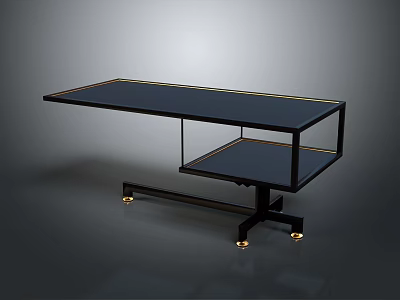 Sleek Black Two Tiered Table With Gold Accents And Rolling Wheels 3d model