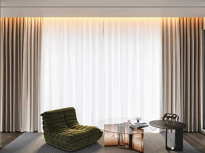 Beige Floor Length Curtains in Modern Living Room with Green Sofa and Round Coffee Tables 3d model