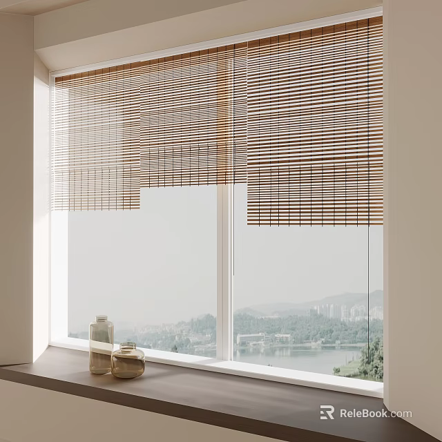 Bamboo Blinds Covering Window With Scenic View And Bottles On Windowsill 3d model 