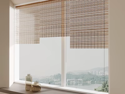 Bamboo Blinds Covering Window With Scenic View And Bottles On Windowsill 3d model