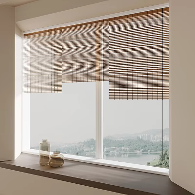 Bamboo Blinds Covering Window With Scenic View And Bottles On Windowsill 3d model