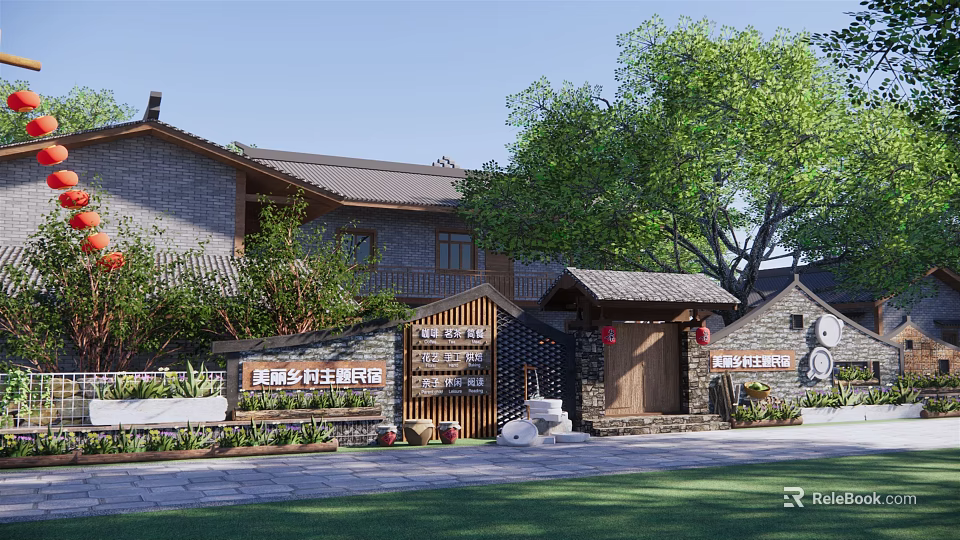 Rural Self Built House With Traditional Brick Exterior Courtyard And Green Trees 3d model 