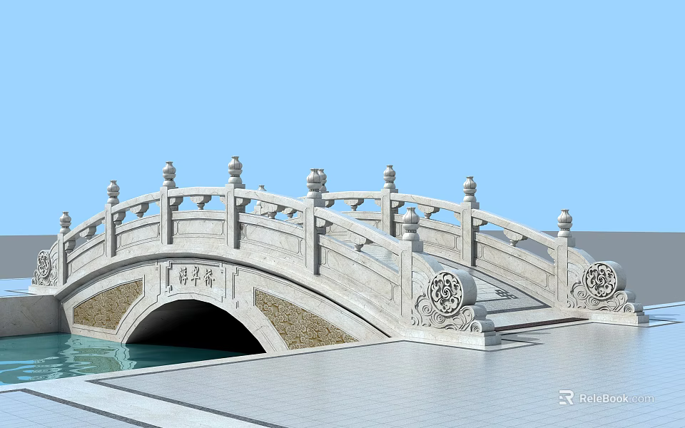 Traditional Stone Arched Landscape Bridge With Decorative Pillars And Railing Over Water 3d model 