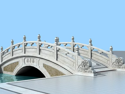 Traditional Stone Arched Landscape Bridge With Decorative Pillars And Railing Over Water 3d model