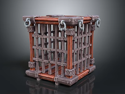 Decorative Cage Structure With Metal Bars Wooden Frame And Ring Ornaments 3d model