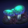 Magical Cartoon Scene With Glowing Mushrooms Turquoise Glow And Purple Leaves