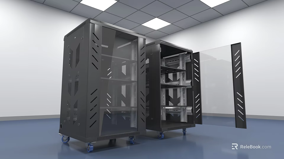 Black Server Rack With Glass Doors Internal Shelves And Wheels In Modern Data Center Room 3d model 