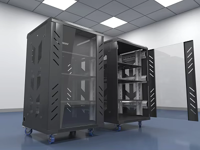Black Server Rack With Glass Doors Internal Shelves And Wheels In Modern Data Center Room 3d model