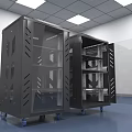 Black Server Rack With Glass Doors Internal Shelves And Wheels In Modern Data Center Room
