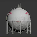 Spherical Industrial Storage Tank With Metal Support Structure And Red Labeling