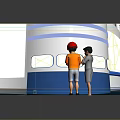 Cartoon Scene Of Children Watching Giant Green Pterosaur Model With Display Screens