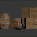 Vintage Wooden Barrels With Metal Hoops And Stacked Wooden Crates