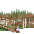 Wooden Children's Playground With Spiral Slides Cabin Green Lawn And Trees