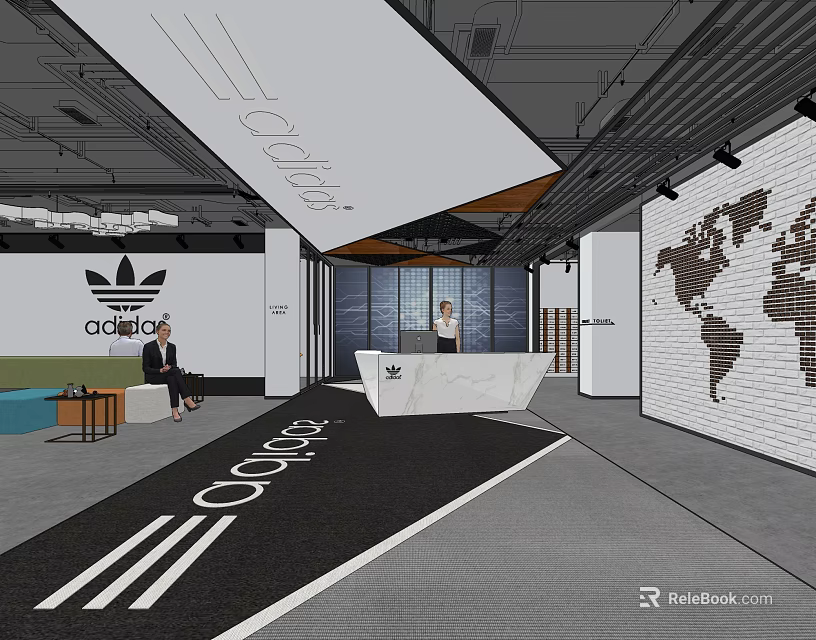 Adidas Front Desk Reception Area With Modern Design And World Map Wall 3d model