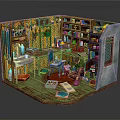 Cartoon Studio Interior With Bookshelf Table Lamp Decorative Wallpaper And Books