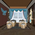 SPA Sauna Interior with Wicker Ceiling Massage Tables Turquoise Curtains and Butterfly Decor