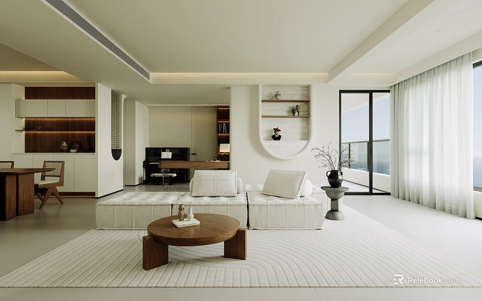 Modern Living and Dining Room Interior with White Sofa Wooden Coffee Table and Wall Shelves 3d model 
