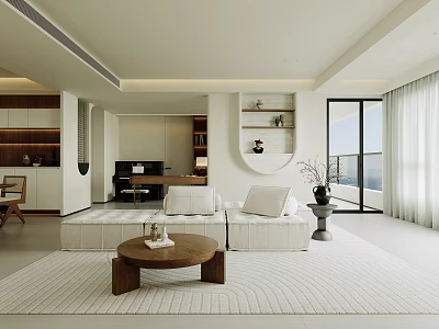 Modern Living and Dining Room Interior with White Sofa Wooden Coffee Table and Wall Shelves 3d model