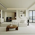 Modern Living and Dining Room Interior with White Sofa Wooden Coffee Table and Wall Shelves