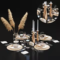 Elegant Tableware Set With Golden Candle Holders Wine Glasses Woven Placemats And Pampas Grass Decor