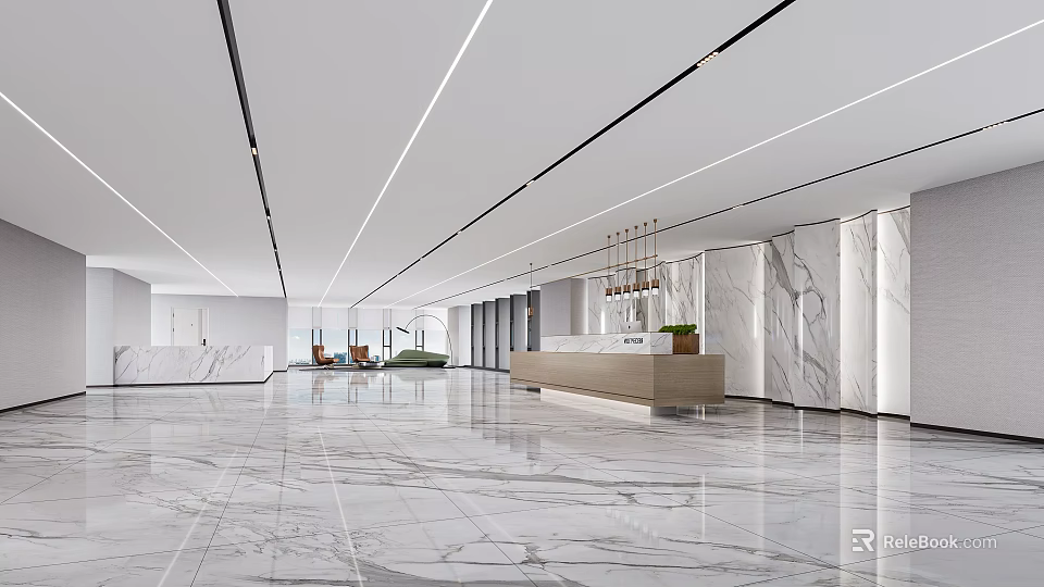 Elegant Modern Office Reception Area With Polished Marble Flooring And Bright Spacious Minimalist Interior 3d model 