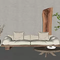 Natural Interior With Beige Three Seater Sofa Terracotta Vase Wooden Coffee Table And Green Plant