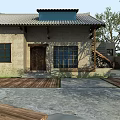 Traditional Guesthouse Building With Wooden Walkway Stone Pavement And Outdoor Seating
