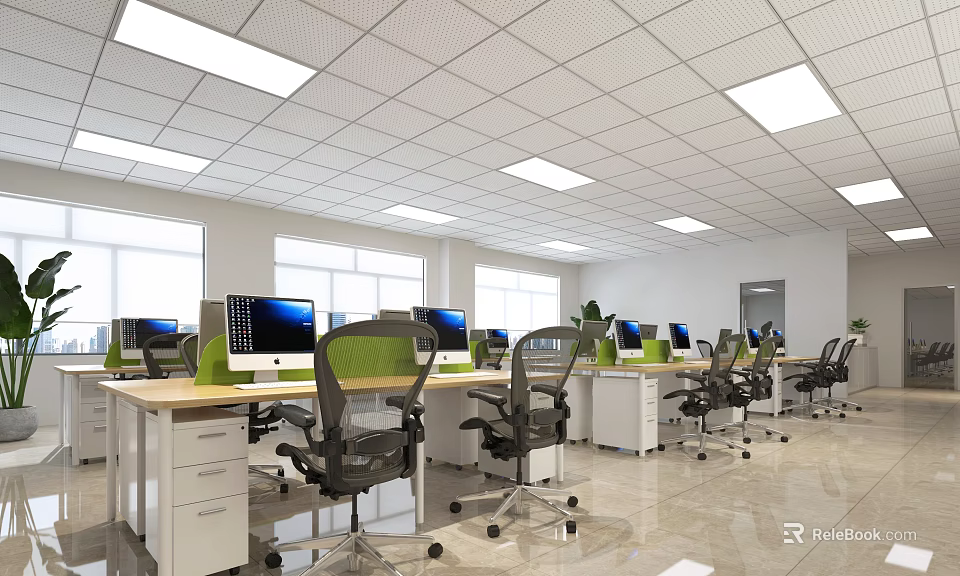 Public Office Space With Multiple Workstations Computers Office Chairs Green Plants And Natural Light 3d model 
