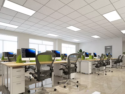 Public Office Space With Multiple Workstations Computers Office Chairs Green Plants And Natural Light 3d model