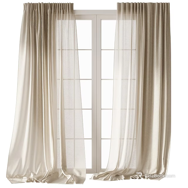 Soft Beige Curtains With Sheer Layers And White Grid Window Frame 3d model 