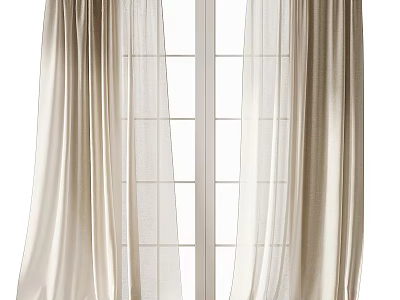 Soft Beige Curtains With Sheer Layers And White Grid Window Frame 3d model