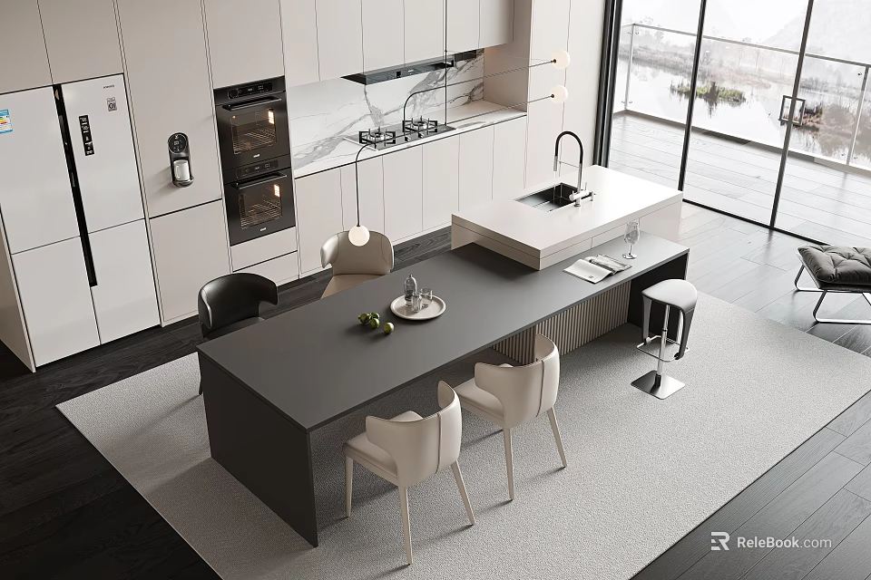 Modern Dining Table Set With Chairs And Island In Open Kitchen Interior 3d model 