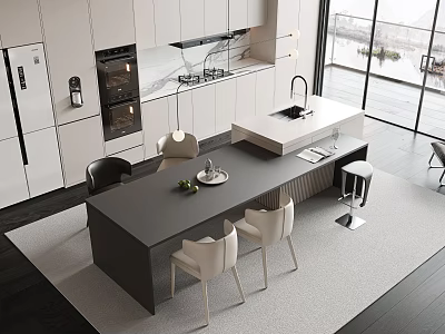 Modern Dining Table Set With Chairs And Island In Open Kitchen Interior 3d model