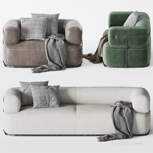 Modern Sofa Set Brown Green Beige Single Three Seater With Plaid Pillows Gray Throws 3d model