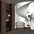 Modern Minimalist Single Sofa with Spiral Staircase Wooden Bookshelf Small Round Table and Green Plant
