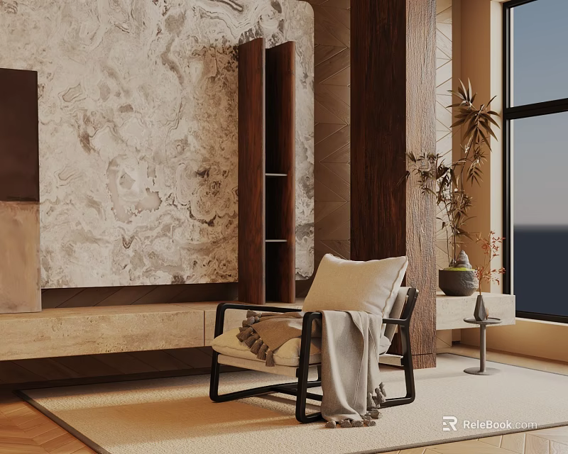 Natural Minimalist Leisure Chair With Blanket And Wooden Side Table And Plant By Marble Wall 3d model 