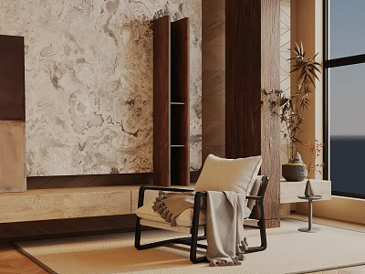 Natural Minimalist Leisure Chair With Blanket And Wooden Side Table And Plant By Marble Wall 3d model