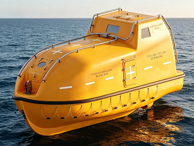 Yellow Lifeboat With Safety Equipment Floating On Open Ocean Surface 3d model