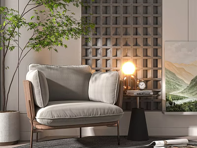 Light Gray Single Sofa With Wooden Frame Side Table Lamp Green Plant Lattice Screen 3d model