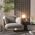 Light Gray Single Sofa With Wooden Frame Side Table Lamp Green Plant Lattice Screen