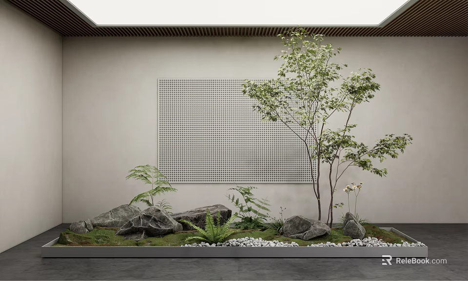 Elegant Miniature Garden Design Featuring Green Plants Stones Tree Grid Wall And Moss 3d model 