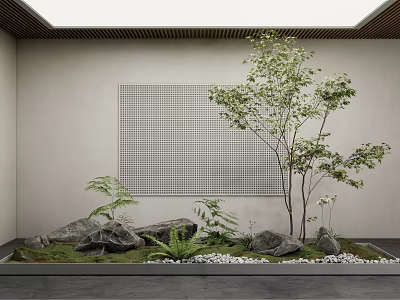Elegant Miniature Garden Design Featuring Green Plants Stones Tree Grid Wall And Moss 3d model