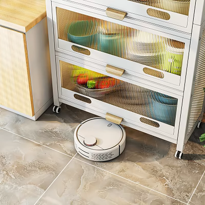 Smart Automatic Robot Vacuum Cleaner On Kitchen Tile Floor With White Drawer Cabinet 3d model