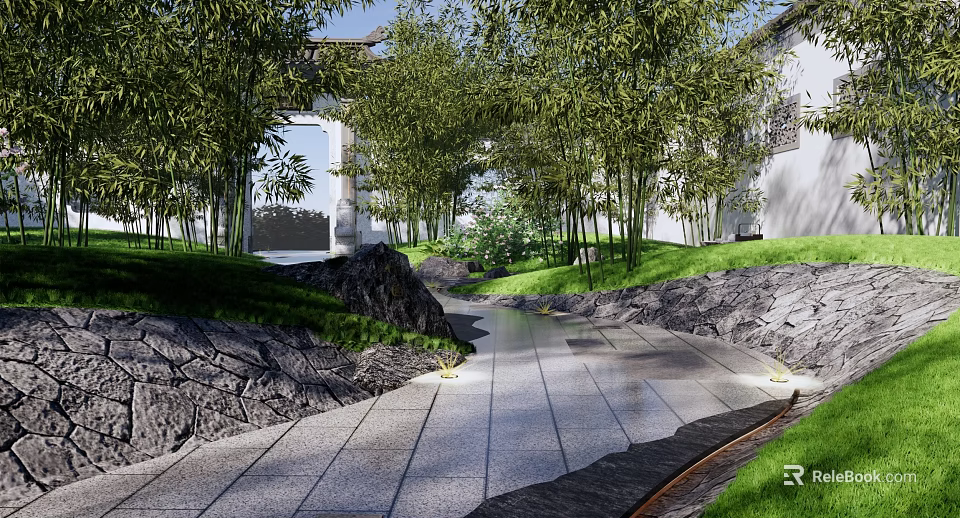 Traditional Scenic Wall with Bamboo Trees Stone Pathway Rockery and Natural Landscape 3d model 