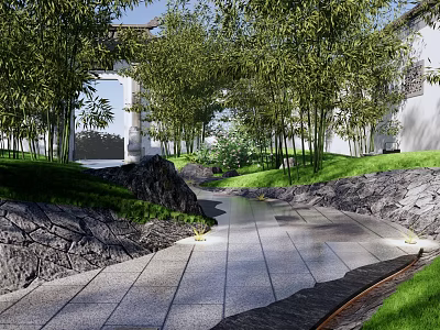 Traditional Scenic Wall with Bamboo Trees Stone Pathway Rockery and Natural Landscape 3d model