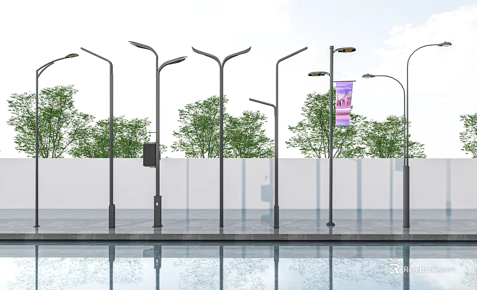 Multiple Outdoor Street Lights Featuring Trees Water Surface And Billboard In Public Area 3d model 