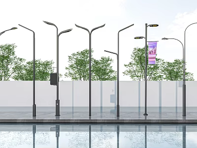 Multiple Outdoor Street Lights Featuring Trees Water Surface And Billboard In Public Area 3d model