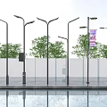 Multiple Outdoor Street Lights Featuring Trees Water Surface And Billboard In Public Area