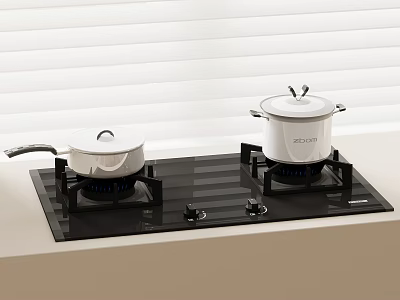Black Gas Stove With Two Pots Placed Against White Window Blinds 3d model